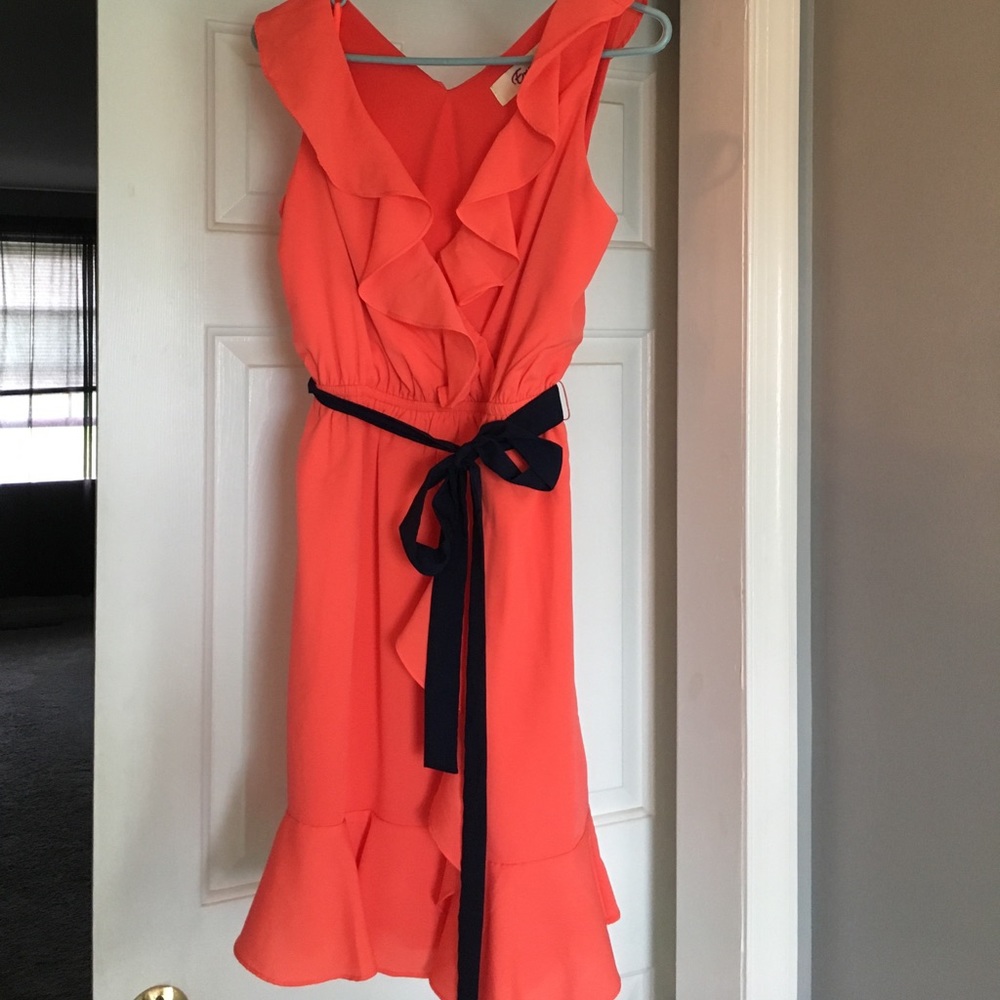 Peach Ruffle Dress with Navy Bow