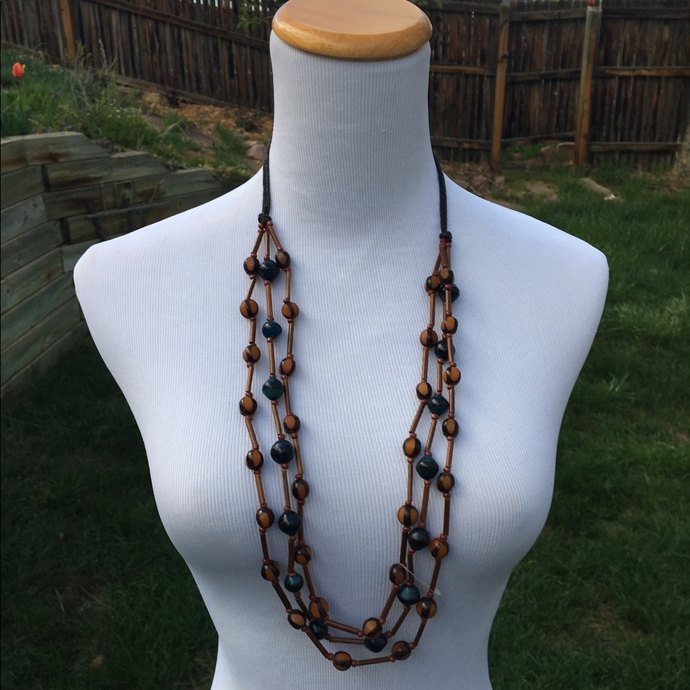 Natural & Blue Wooden Beads Bamboo Necklace
