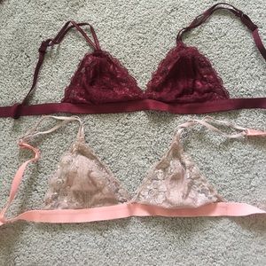 Maroon and nude lace bralettes.