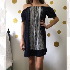 Navy blue off the shoulder dress.