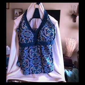 Turquoise print tanking top- t strap with ring