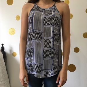 Blue, black, and white keyhole blouse.