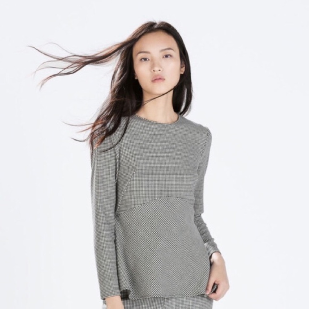 Zara Classic Houndstooth Black & White Peplum Top