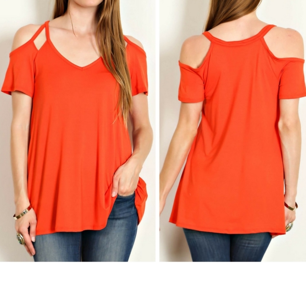 New Tomato Colored- Knit Cut out Cold Shoulder Top