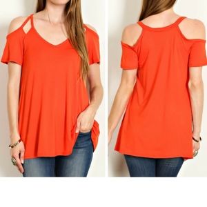 New Tomato Colored- Knit Cut out Cold Shoulder Top