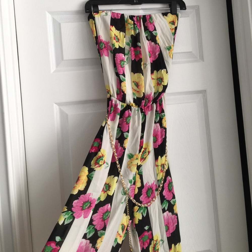 Striped and floral tube top jumpsuit