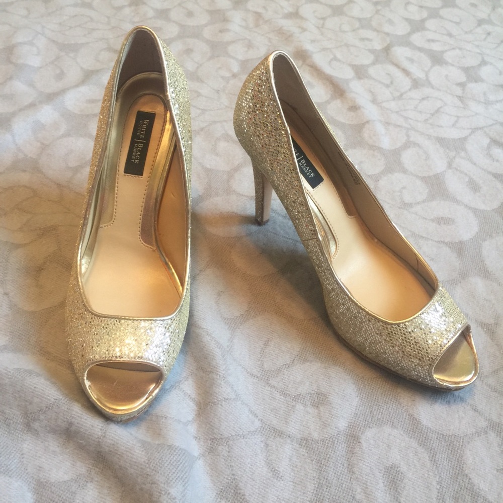 Gold peep toe glitter heels