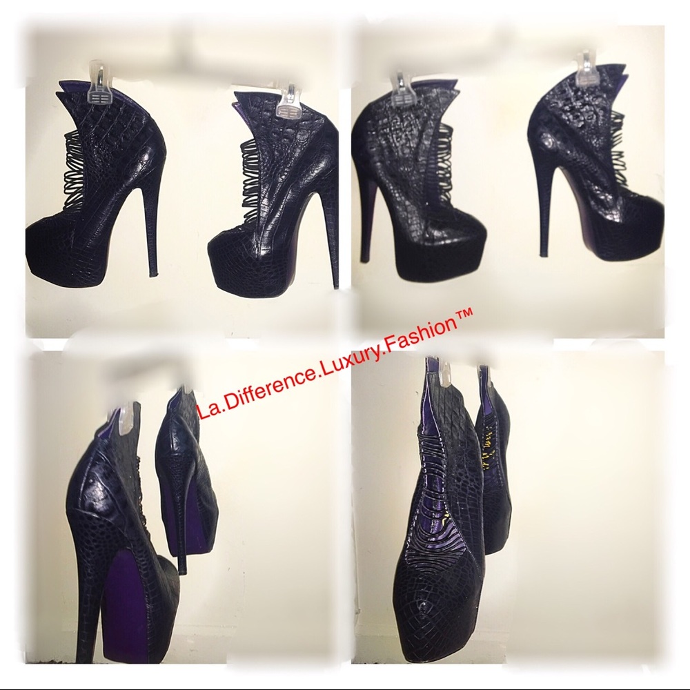 London Trash black leather snake print heel 5"heel