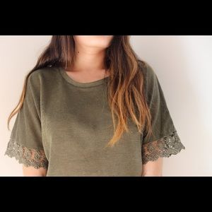Army green primark lace sleeve shirt