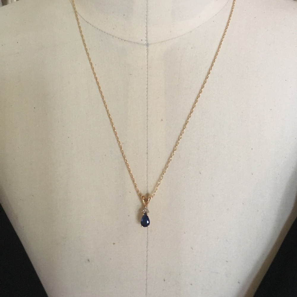 14 kt gold necklace w/sapphire & 3 tiny diamonds