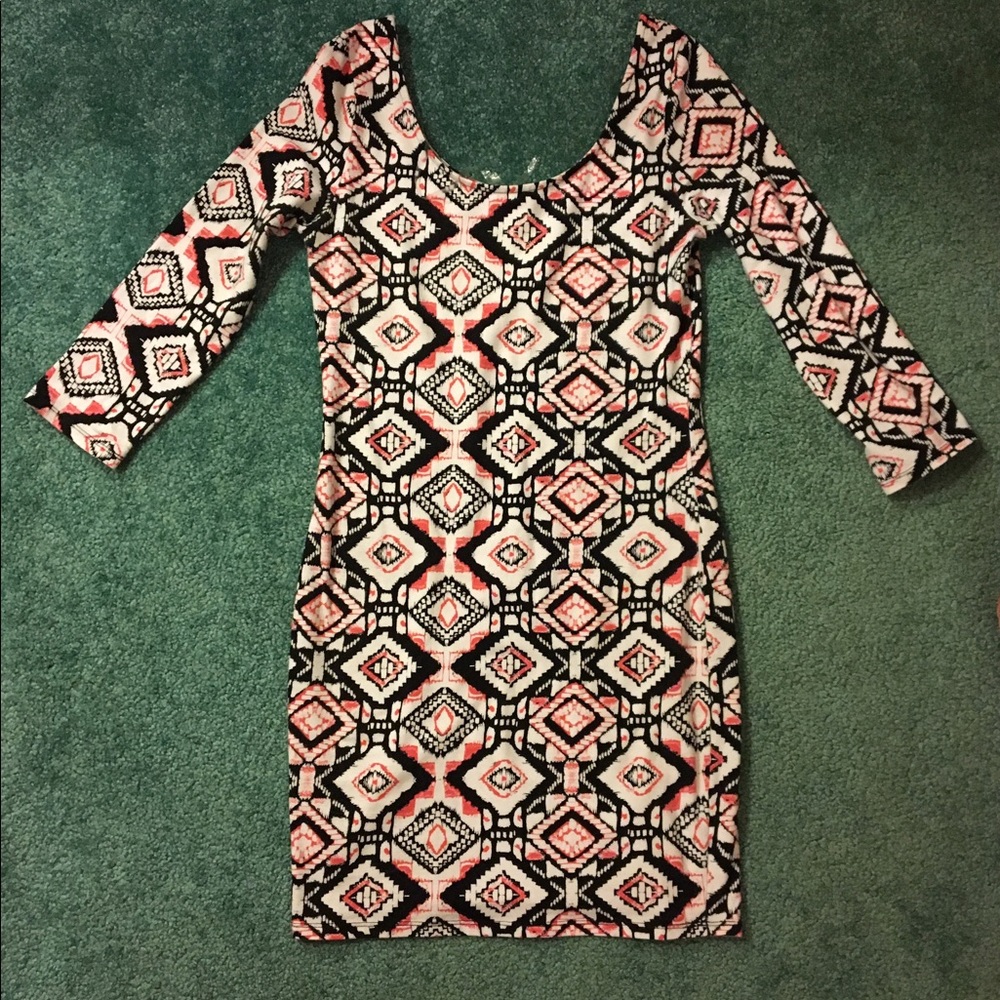 Black white and pink tribal print body con dress