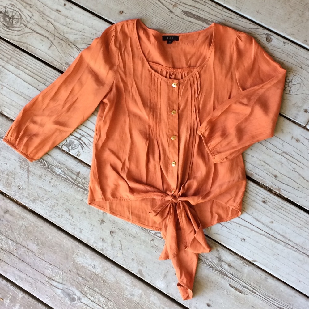 Rusty orange tie front button down top