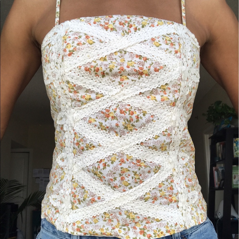 Yellow Floral Tank with Crochet Detail