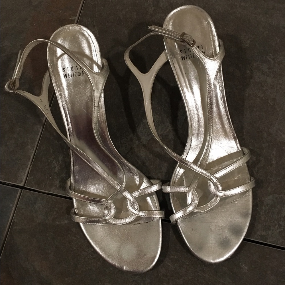 Stuart Weitzman Strappy Silver Kitten Heels