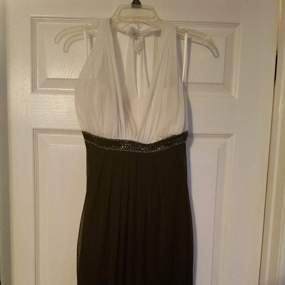 Black and cream halter cocktail dress