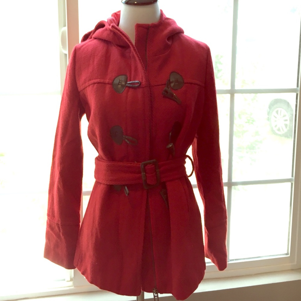Red hooded toggle coat