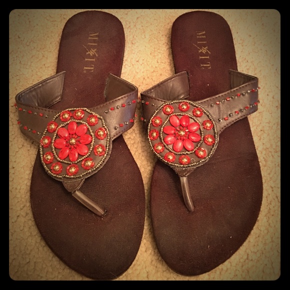 Mixit Shoes - Bright Flower Beaded Flip Flops