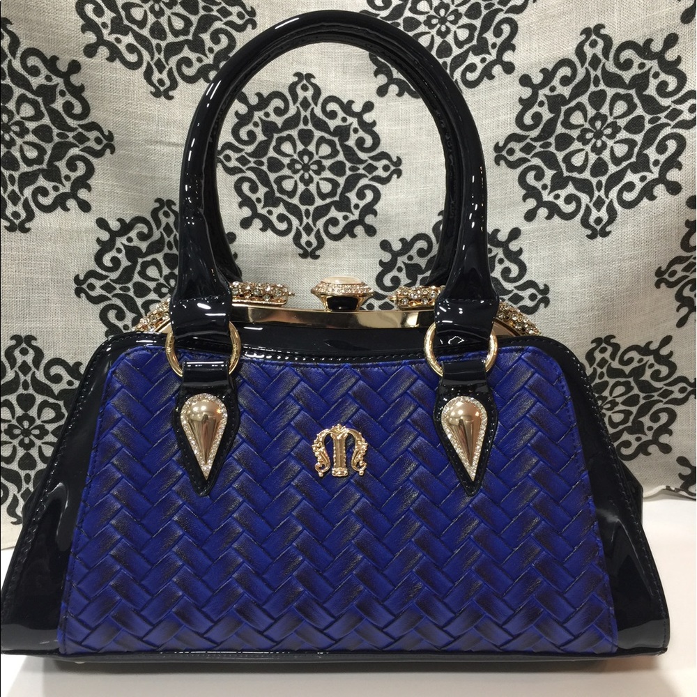 Midnight Blue Patent Leather Handbag w/Rhinestones