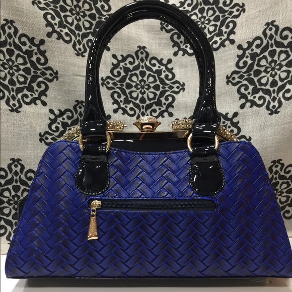 Midnight Blue Patent Leather Handbag w/Rhinestones - Picture 2 of 8