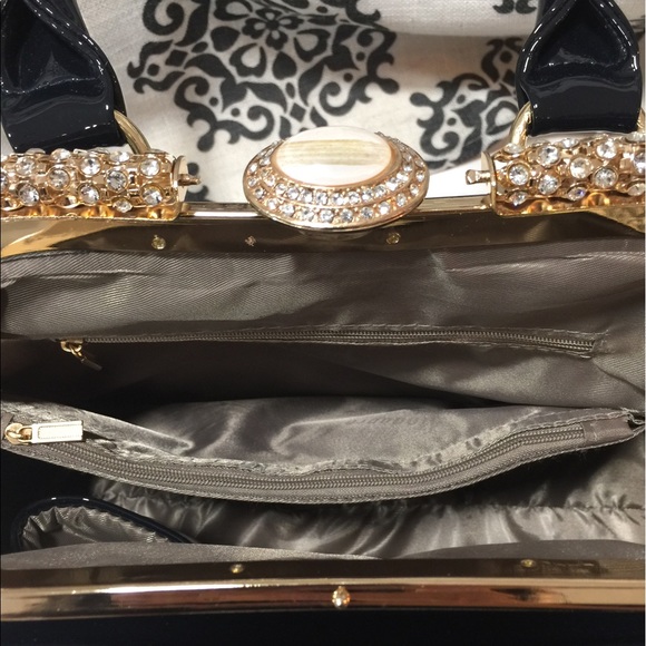 Midnight Blue Patent Leather Handbag w/Rhinestones - Picture 3 of 8