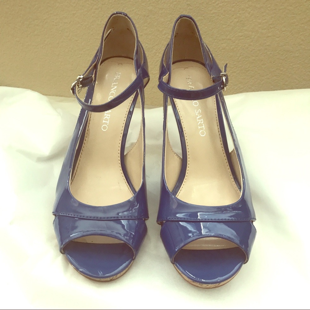 Franco Sarto Blue Patent Leather Cork Strap Heels