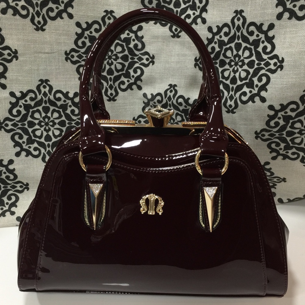 Cabernet Patent Leather Handbag w/Rhinestones
