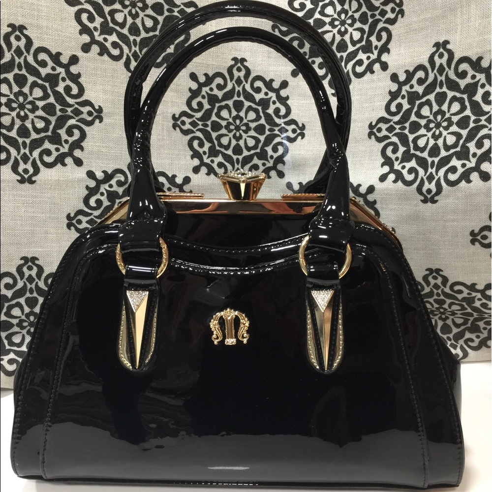 Black Patent Leather Handbag w/Rhinestones
