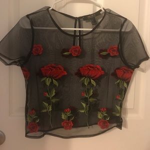 sheer mesh rose embroidered top