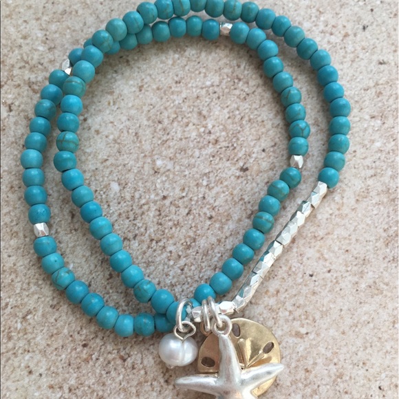 Teal beaded stretch bracelets with charms - Picture 3 of 3