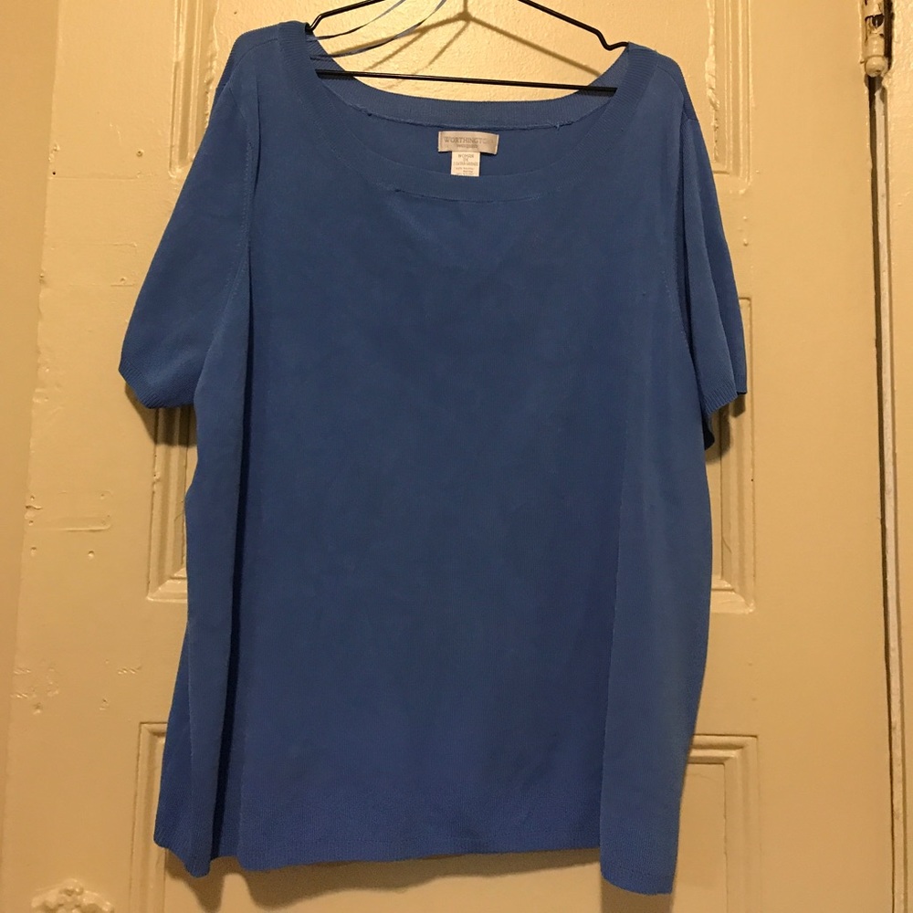 Blue Short Sleeve Sweater with Ribbed Cuffs & Hem