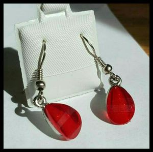 Red Teardrop Dangle Earrings w/ Silver tone Metal