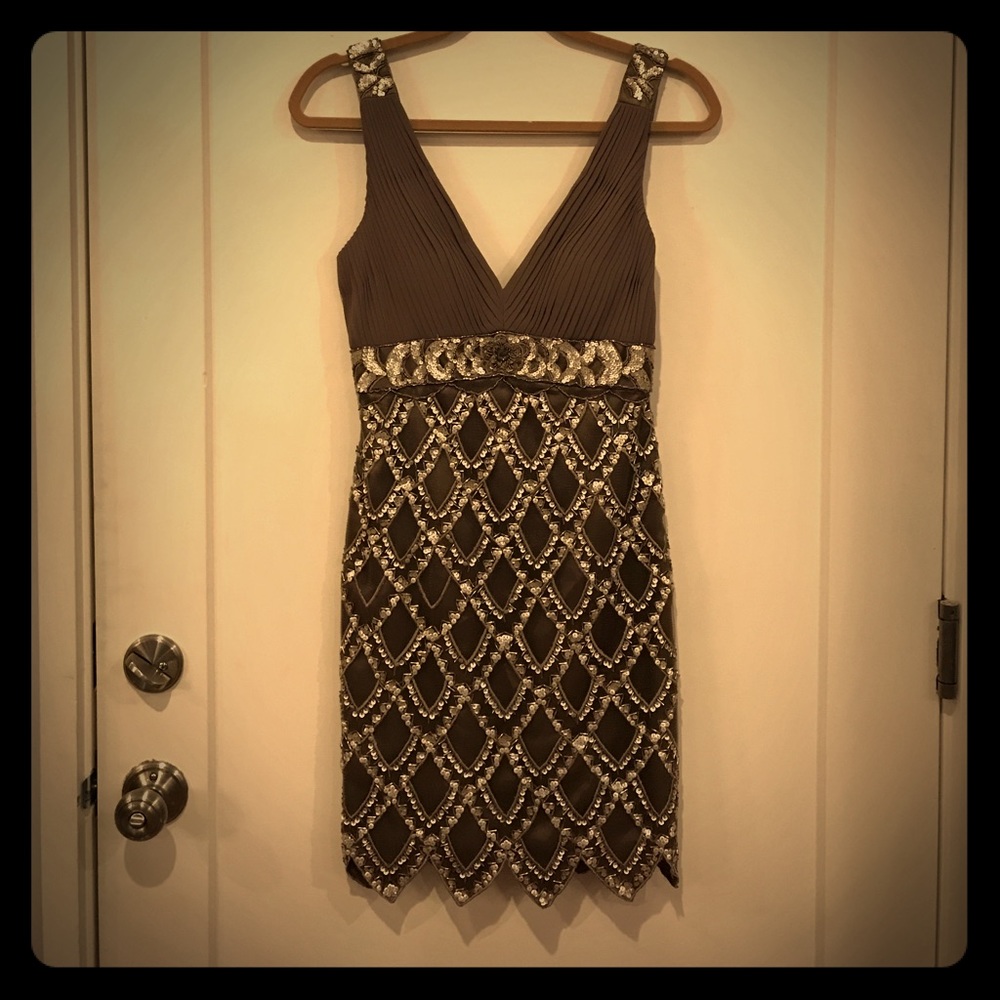 Sue Wong Couture Taupe Cocktail Dress Size 2