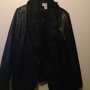 Black leather jacket with fur collar