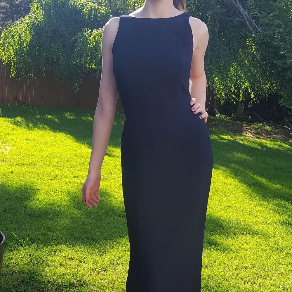 Navy blue formal dress with bow in back