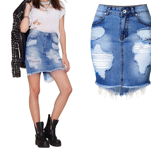 Womens High Waist Ripped Hole Washed Jean Skirt - Picture 1 of 5