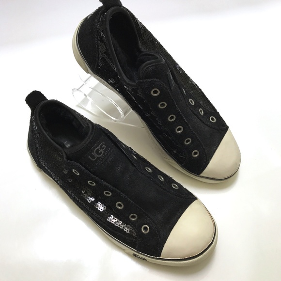 UGG Laela Black Suede Sequin Shearling Sneakers - Picture 2 of 8
