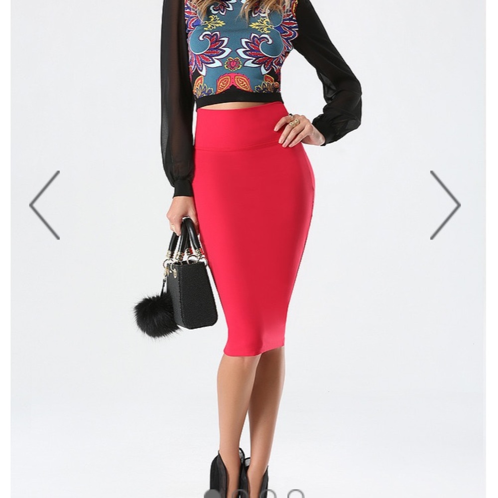 Bright coral Bebe midi pencil skirt.
