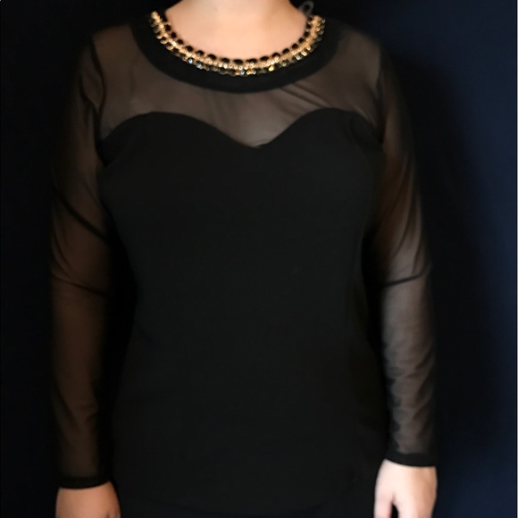 Black top with illusion neckline - Picture 3 of 4