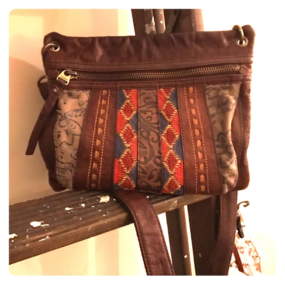 Fossil Embroidered and Leather Crossbody