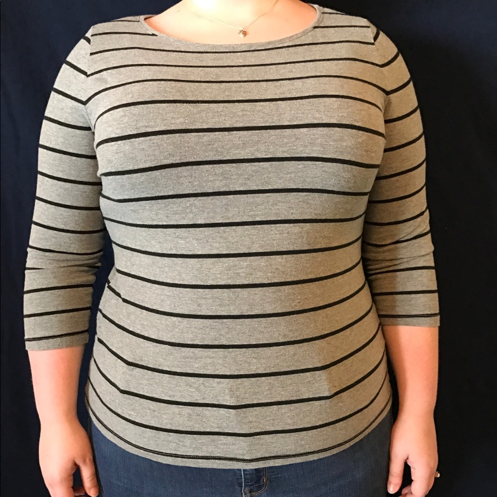 3/4 sleeve grey with black stripes shirt.