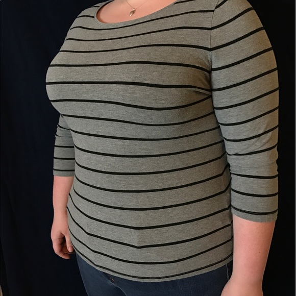 3/4 sleeve grey with black stripes shirt. - Picture 2 of 3