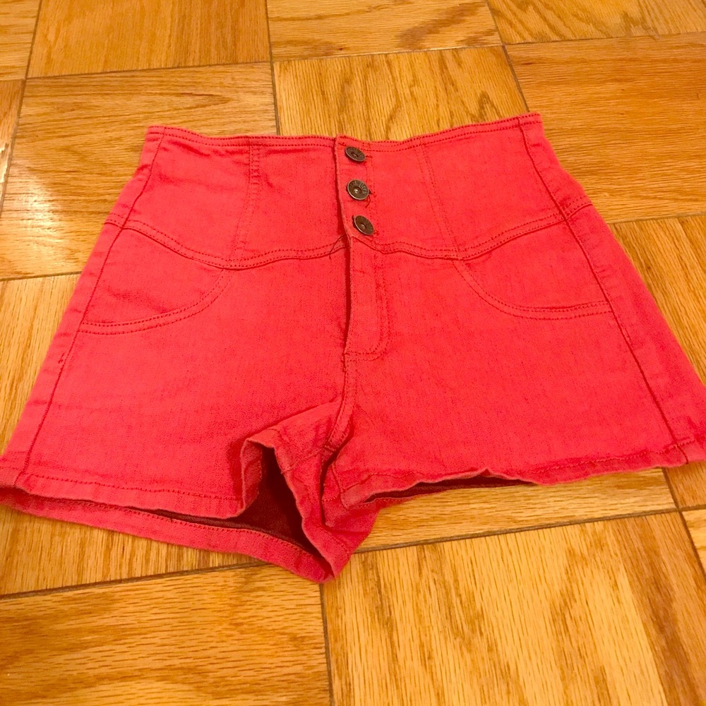 Faded red denim high waisted shorts