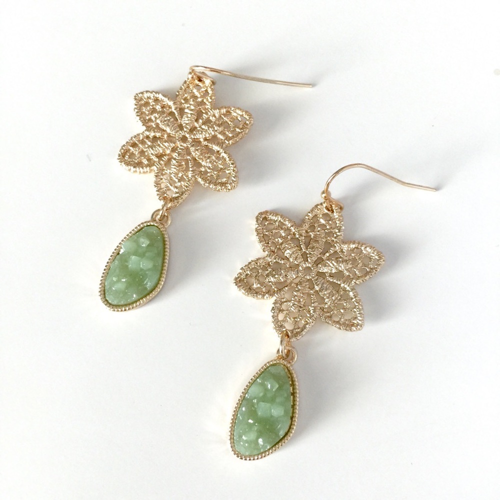 Gold Filigree Flower Druzy Earrings