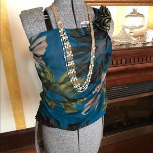 One-shoulder teal and green blouse size Medium
