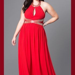 Long red Empire waist evening prom formal dress