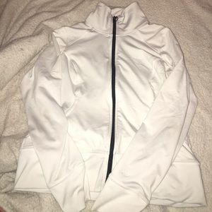 White fitted athletic zip up.