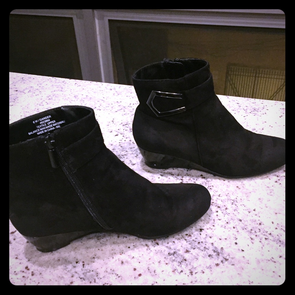 Black suede-like, wedge booties Sz 6.