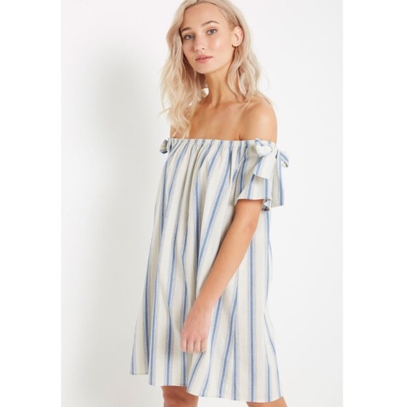 Off the Shoulder Striped Shift Bow Tie Detail Dres - Picture 1 of 7