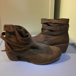 Low heel brown faux suede booties