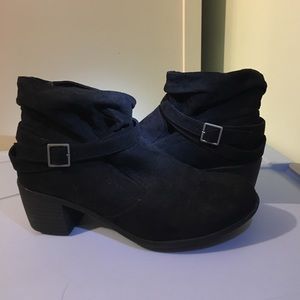 Low heel black faux suede booties